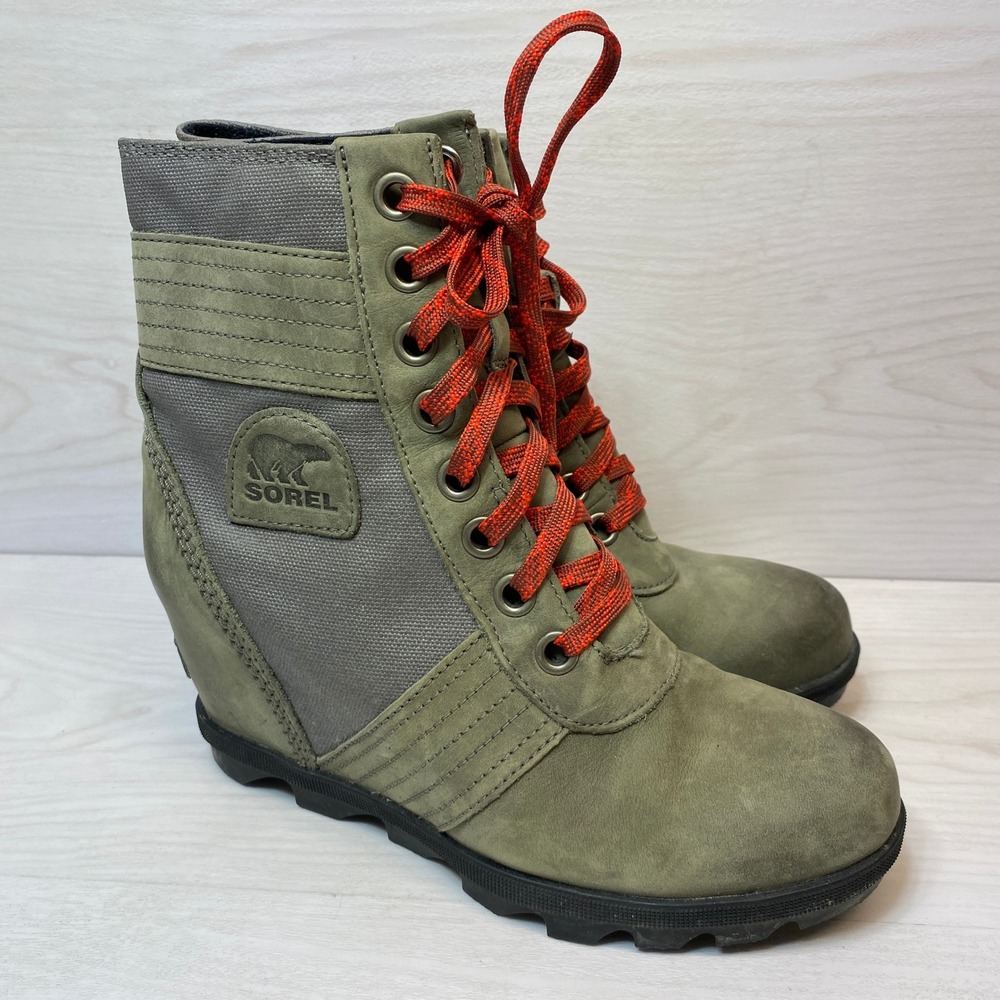 Sorel Womens 8 Lexie Wedge Boot Lace Up Green Leather Textile NL3046-051 Hiking